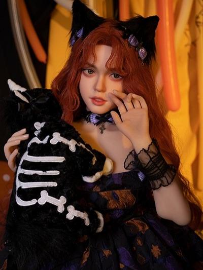 10002(1) Midnight Meow - Black Cat Ears Floral Dress TPE Realistic Sex Doll